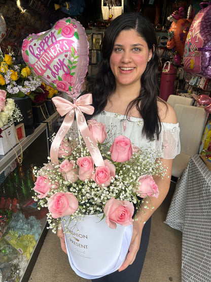 Luxury soft pink roses box arrangement for special occasions with wet oasis for freshness.