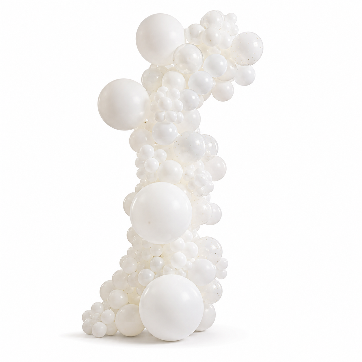 Luxury white organic balloon arch featuring layered matte white balloons and elegant floral balloon clusters, professionally styled on a white background for weddings, bridal showers, baby showers, corporate events, and luxury celebrations in Toronto by Wooow Balloons.
