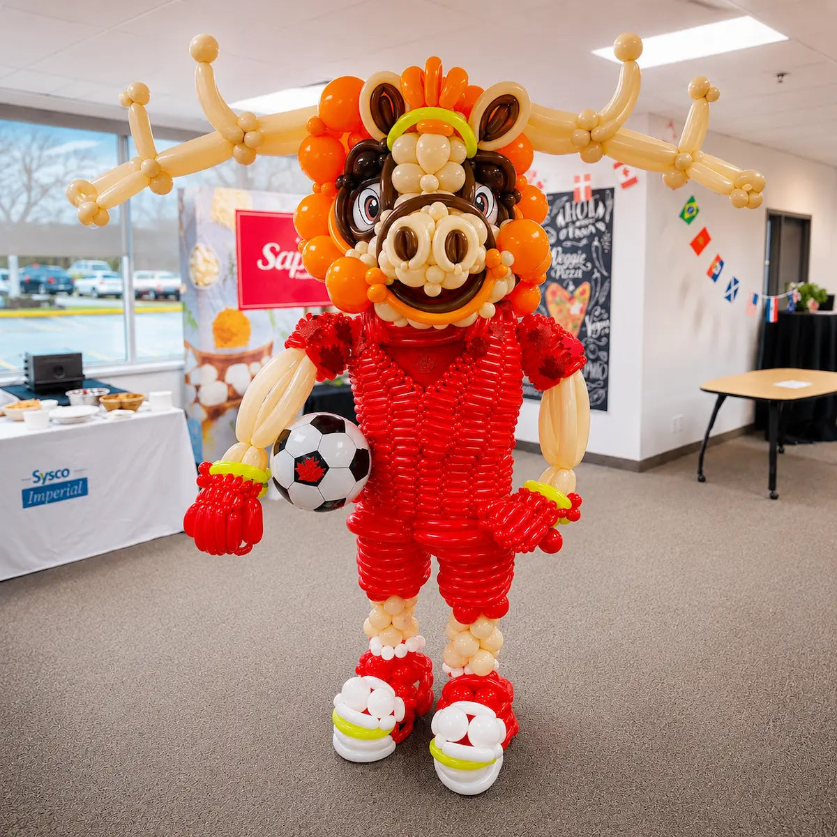 Custom Maple Moose balloon sculpture created by Wooow Balloons for a Sysco corporate event in Toronto. Handcrafted life-size balloon mascot featuring a red soccer uniform, maple-inspired design, and premium balloon artistry.