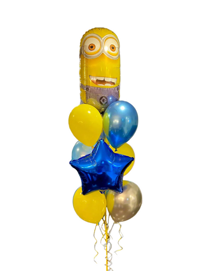 Balloon bouquet with a Minion balloon and other colorful balloons on a white background