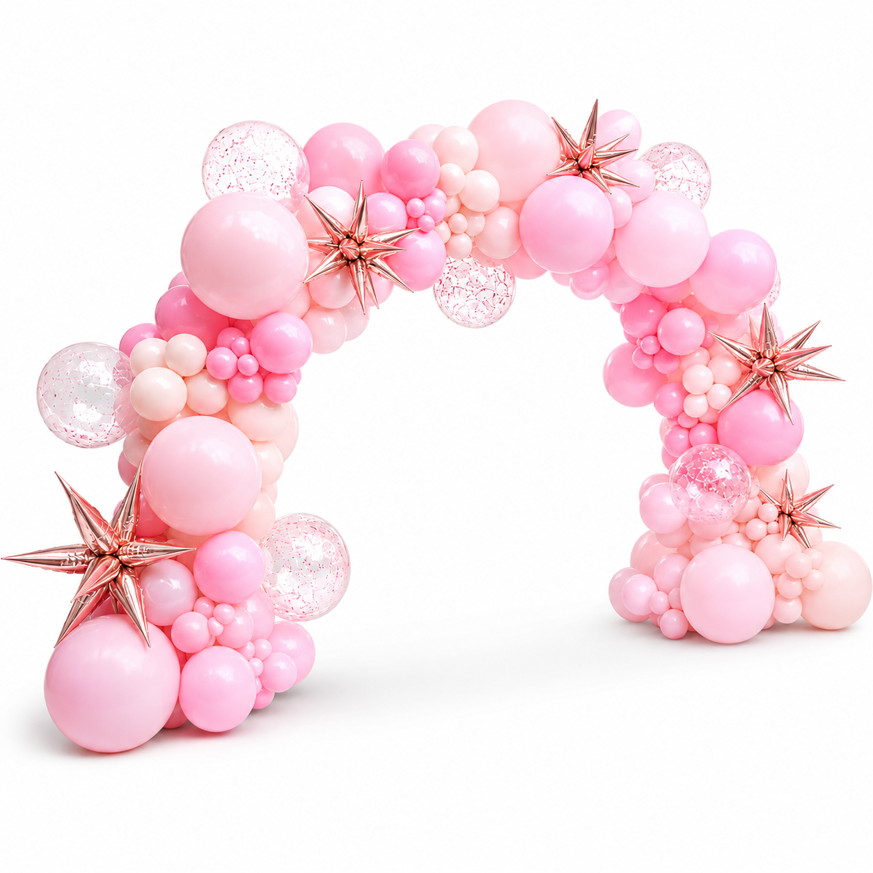 Luxury pastel pink balloon arch featuring blush, baby pink, and rose gold starburst balloons with clear confetti balloons, professionally styled on a white background for weddings, birthdays, baby showers, bridal showers, and luxury events in Toronto by Wooow Balloons.