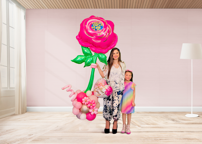 Giant pink flower balloon stand with heart balloon and latex balloons, helium-filled top and air-filled base