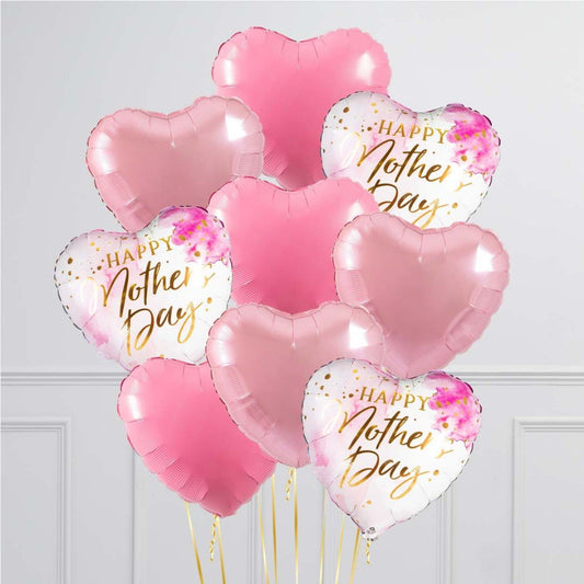 Mother’s Day Hearts Bouquet with 9 helium-filled foil heart balloons.