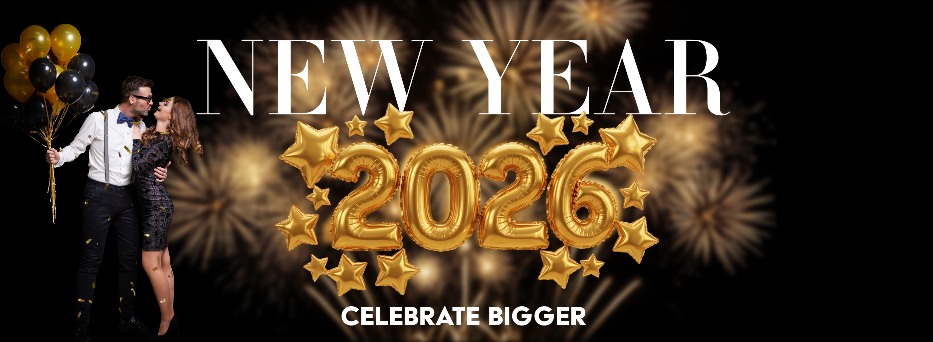 Gold ‘2026’ balloon display with fireworks background and couple celebrating—New Year décor by Wooow Balloons, Toronto & GTA