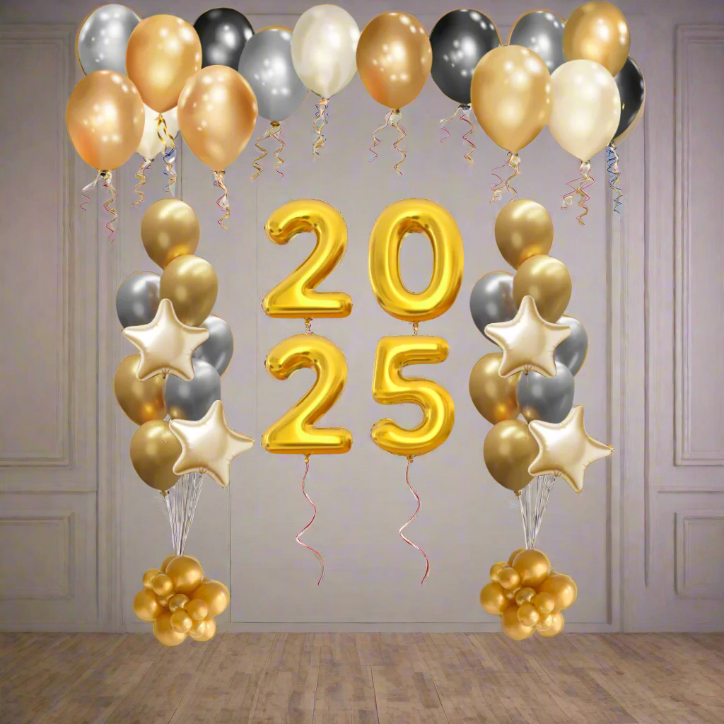 Festive New Year balloon bouquets featuring the numbers 202 and two colourful helium-inflated balloon arrangements, complete with weights and bags for easy transportation.