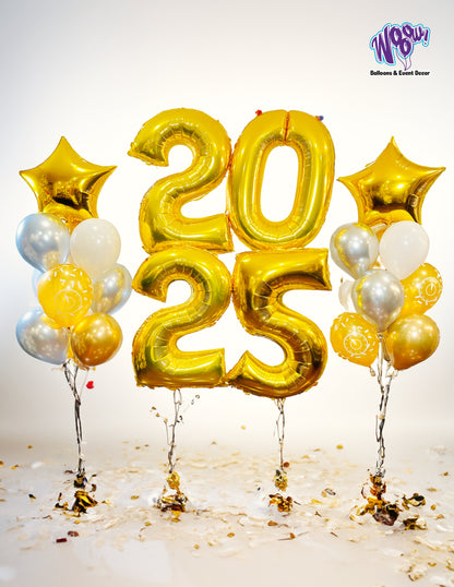 Festive New Year balloon bouquets featuring the numbers 2026 and two colourful helium-inflated balloon arrangements, complete with weights and bags for easy transportation.