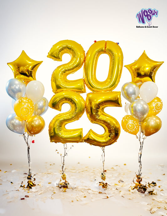 Festive New Year balloon bouquets featuring the numbers 2026 and two colourful helium-inflated balloon arrangements, complete with weights and bags for easy transportation.