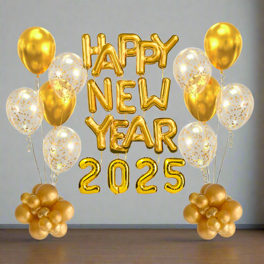 New Year's Eve Balloon Bundle with "Happy New Year" foil balloons and gold or silver 2026 number balloons.
