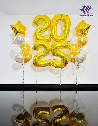 New Year's Eve Balloons Package with 2026 foil numbers and balloon bouquets, helium-filled, with weights and bags.