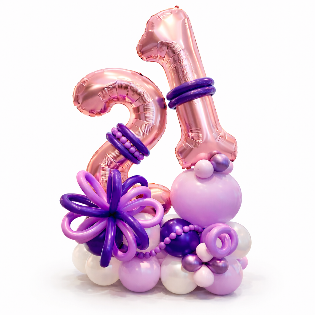 Decorative balloon arrangement shaped like the number 21 with pink, purple, and white balloons on a white background.