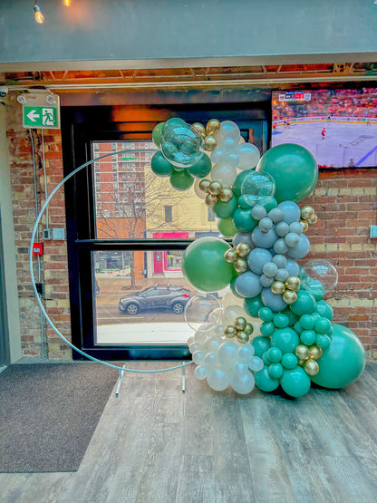 Olive Green Balloon Arch with 8ft Garland and Round Arch Frame Rental in Toronto