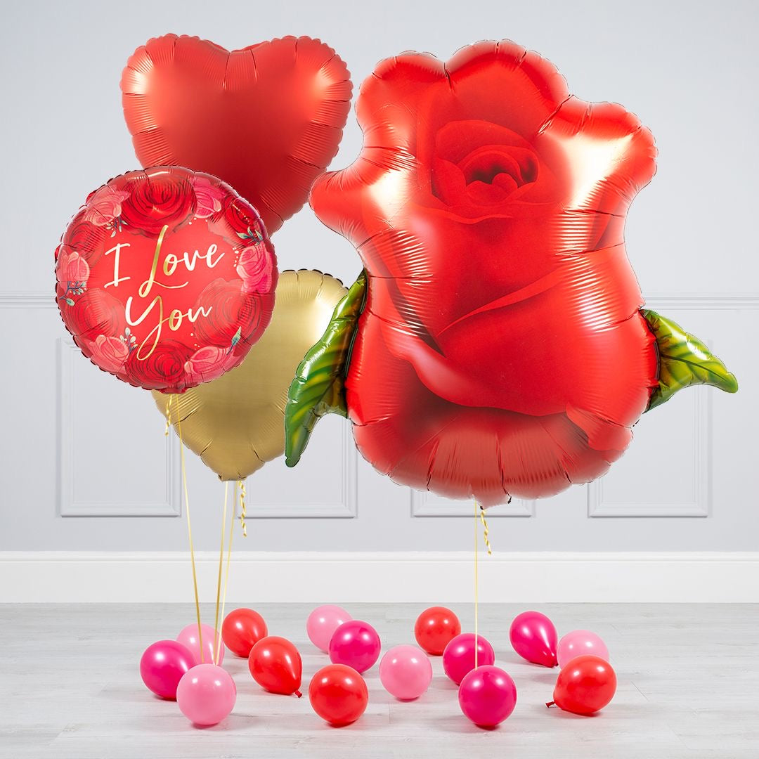 Rose Balloon Bundle with red heart, gold heart, and "I love you" design foil balloon.