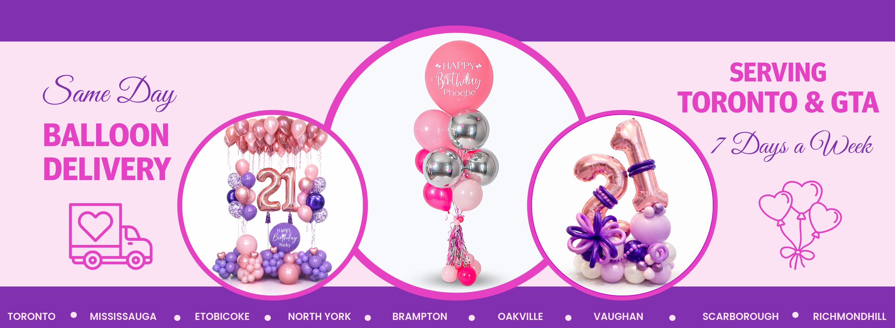 Promotional banner for balloon delivery services, featuring three circular balloon arrangement examples in pink, purple, and silver, with text reading 'Same Day Balloon Delivery' and 'Serving Toronto & GTA 7 Days a Week'.