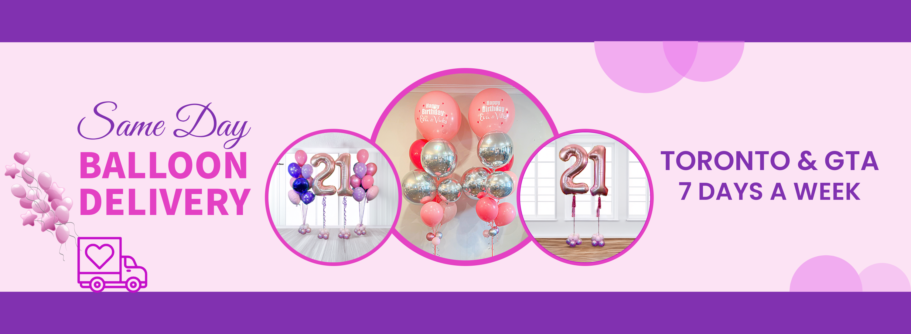 Advertisement for balloon delivery service with balloons and text on a purple and pink background