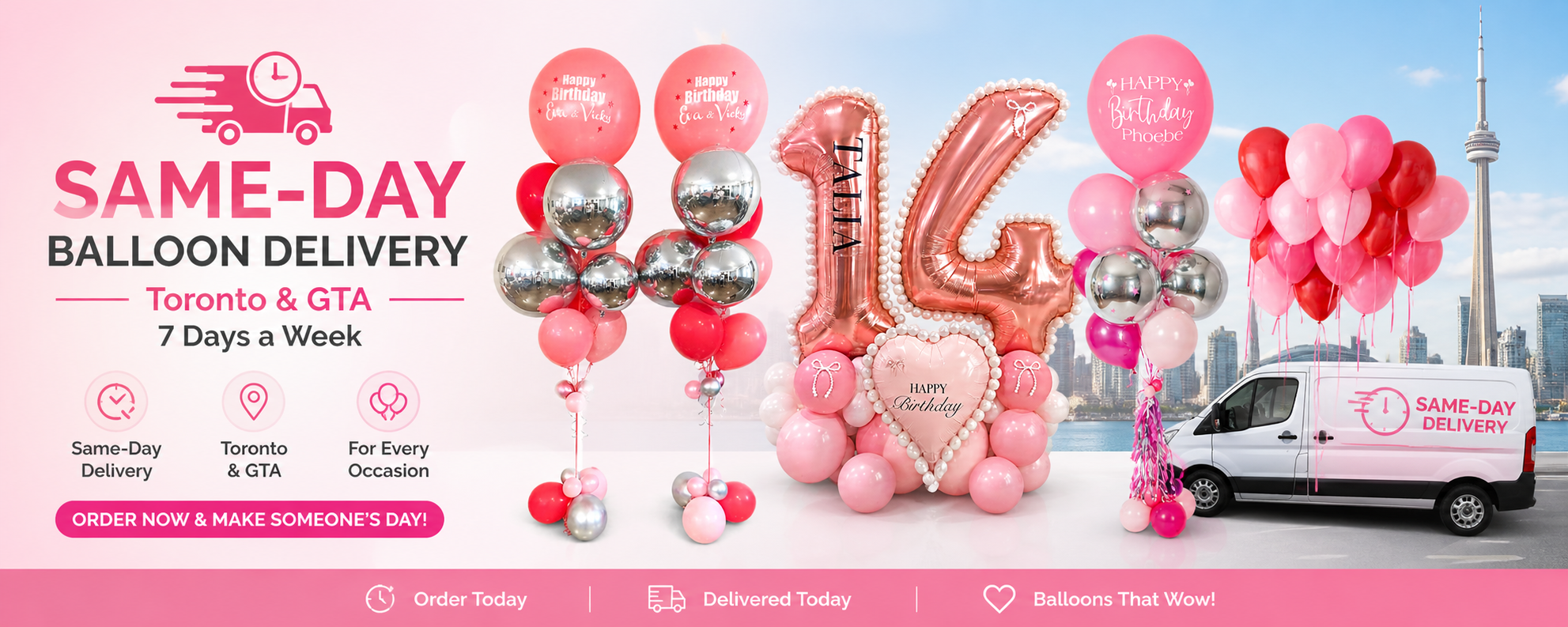 Same day balloon delivery in Toronto and GTA featuring luxury birthday balloon bouquets, number balloon displays and custom helium balloons for all occasions