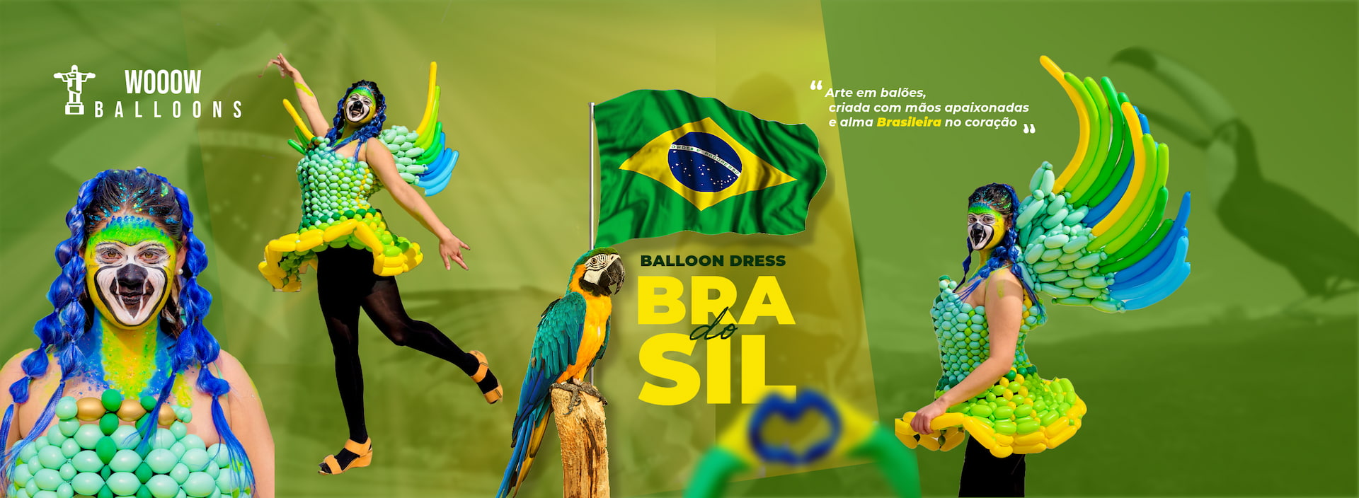 Brazil-themed balloon dresses and wearable balloon art by Wooow Balloons in Toronto