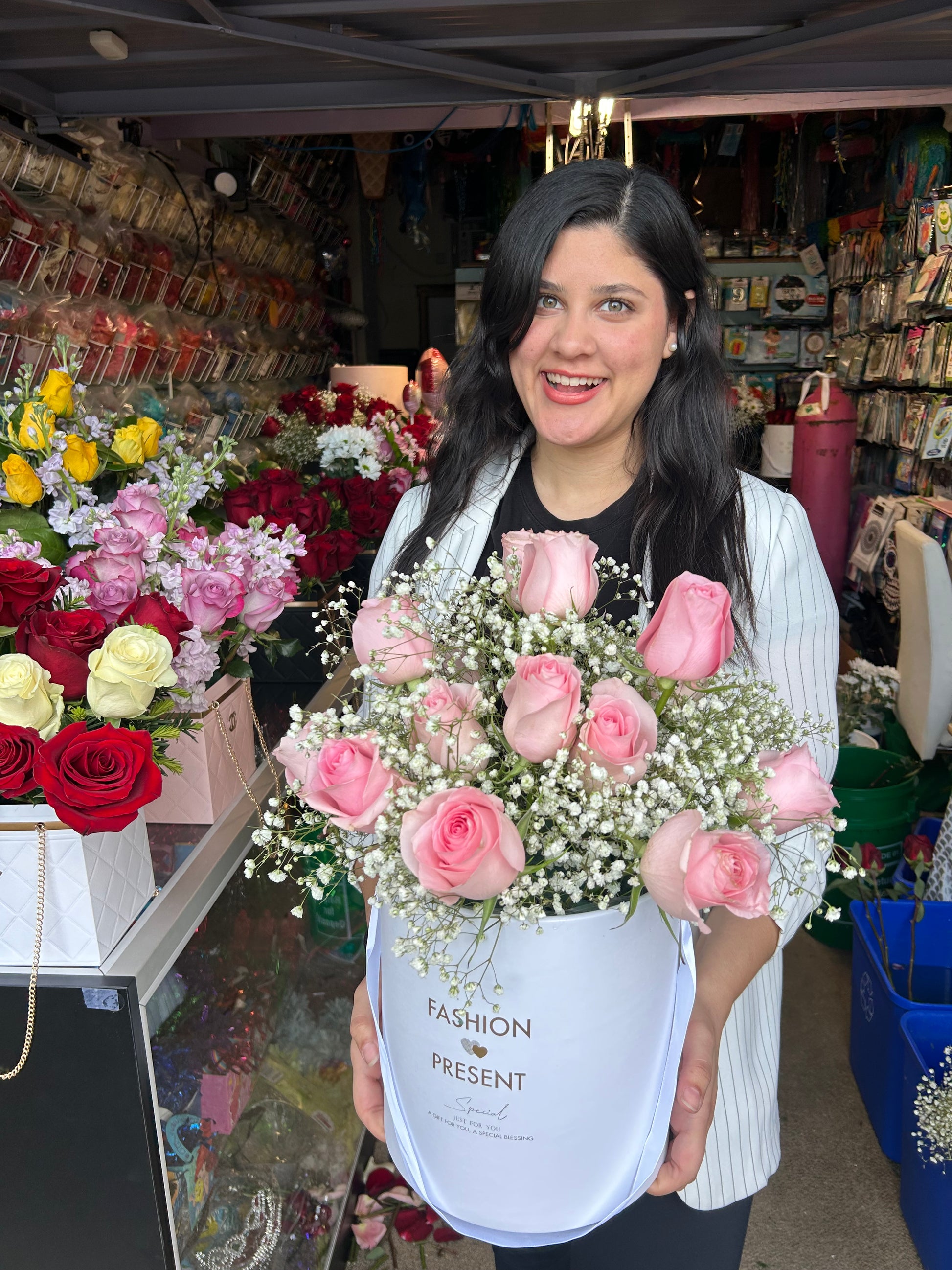 Luxury soft pink roses box arrangement for special occasions with wet oasis for freshness.