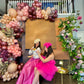 Luxury spring floral balloon garland with blush, gold, and greenery for elegant event decor.