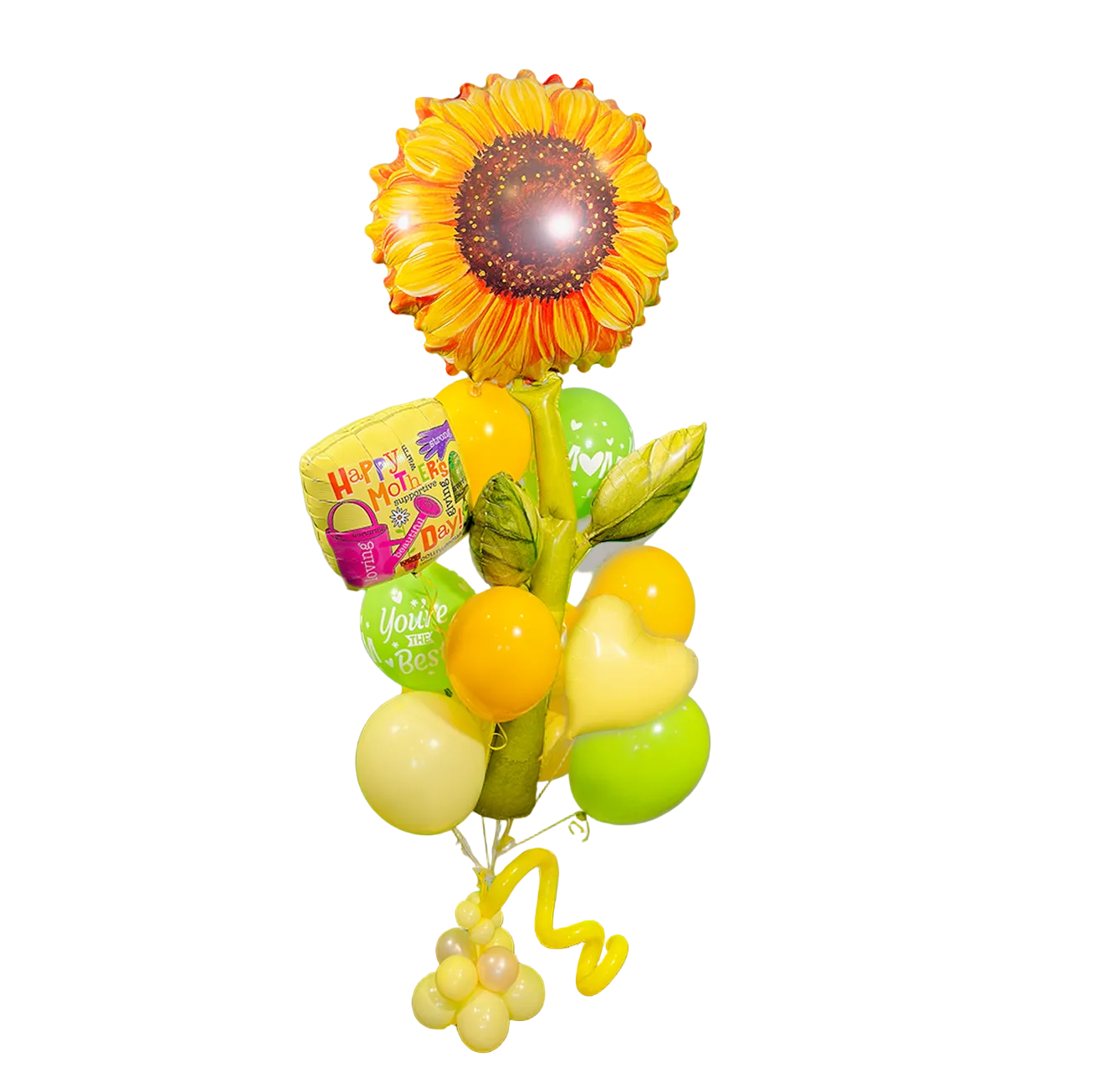 Sunflower Mother’s Day balloon bouquet with yellow and green balloons, heart accents and “Happy Mother’s Day” foil balloon, luxury balloon delivery Toronto