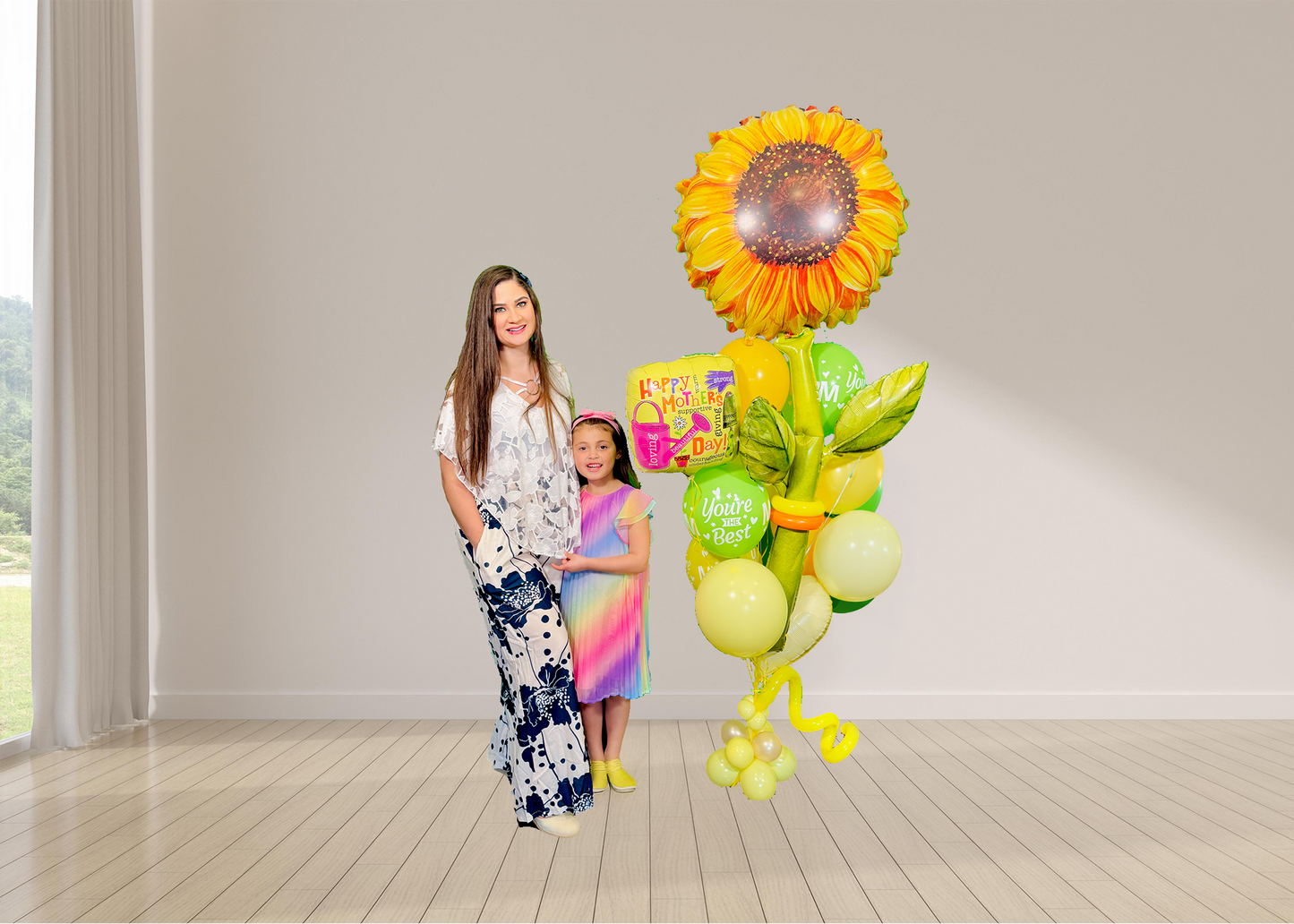 Sunflower Mother’s Day Balloon Bouquet with 5ft sunflower, heart balloon, latex balloons and balloon weight, helium-filled