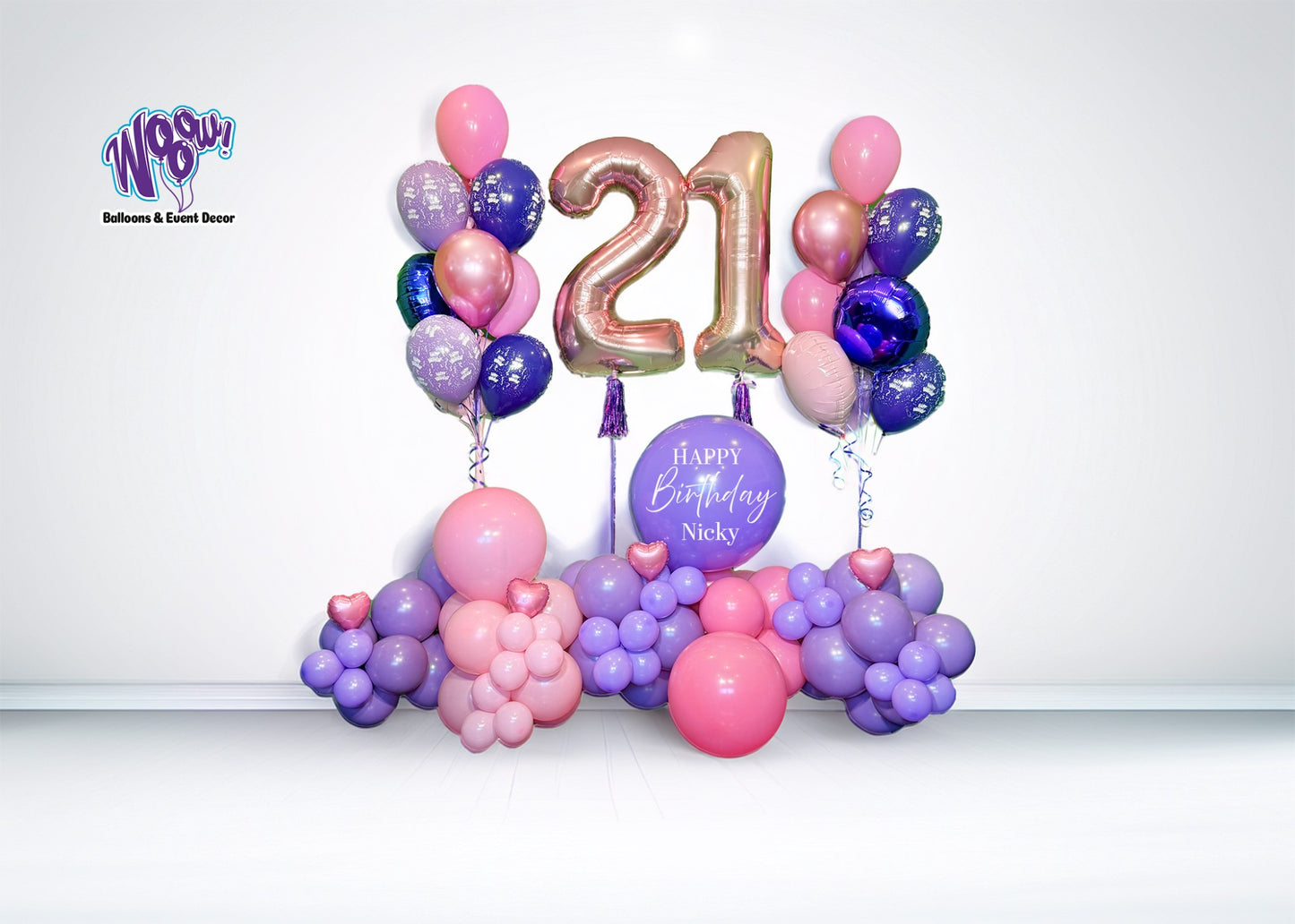 Birthday Balloon Package Toronto – Elegant pink and lavender balloon setup with heart accents and number balloons by Wooow Balloons Toronto