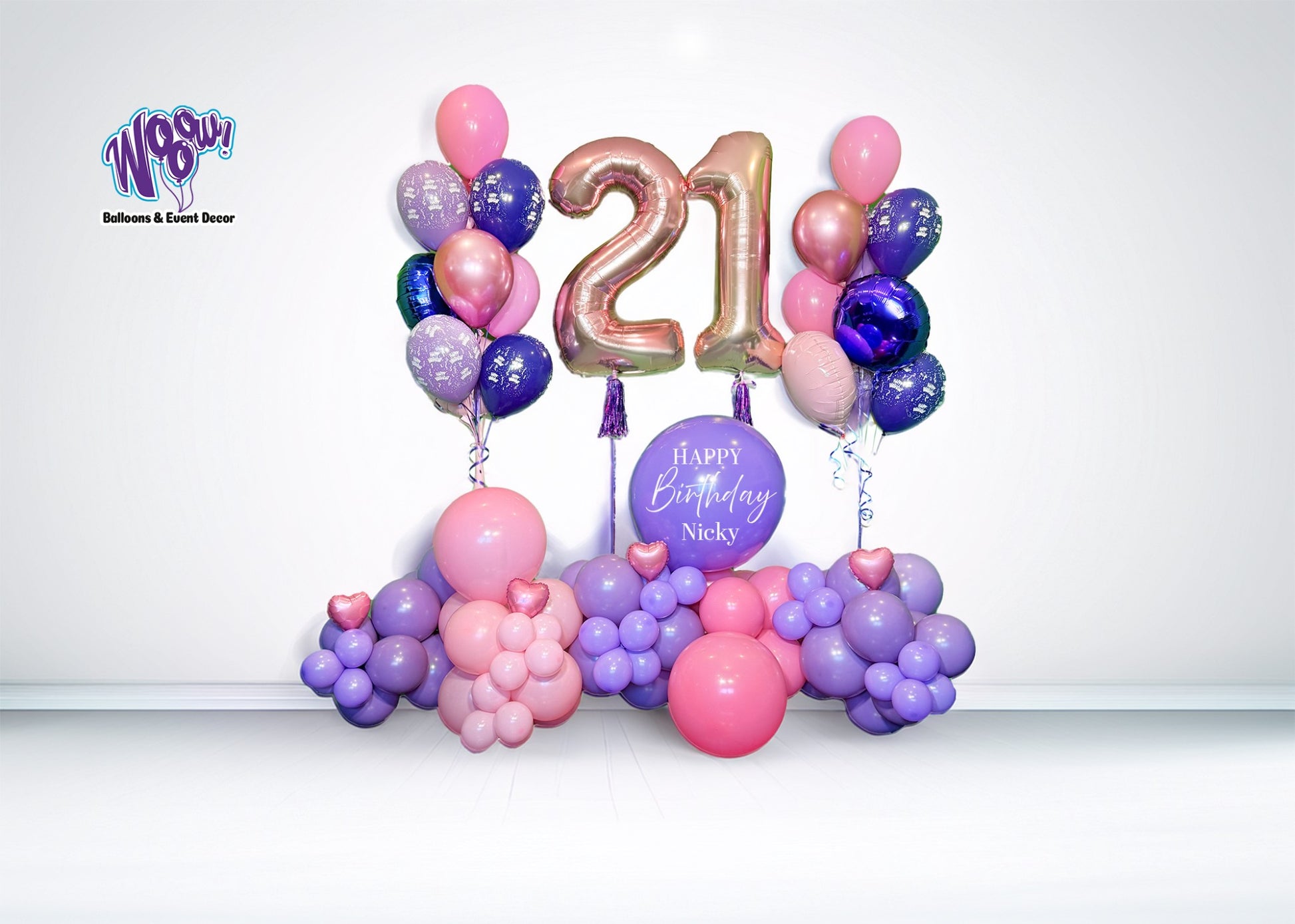 Birthday Balloon Package Toronto – Elegant pink and lavender balloon setup with heart accents and number balloons by Wooow Balloons Toronto