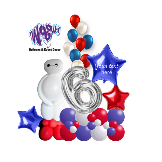 Superhero Balloon Tower with a themed balloon figure, number balloon, and vibrant colors for kids’ birthday celebrations.