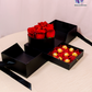 Luxury Black Heart Rose & Chocolate Gift Box with fresh red roses and Ferrero Rocher chocolates in a black box.