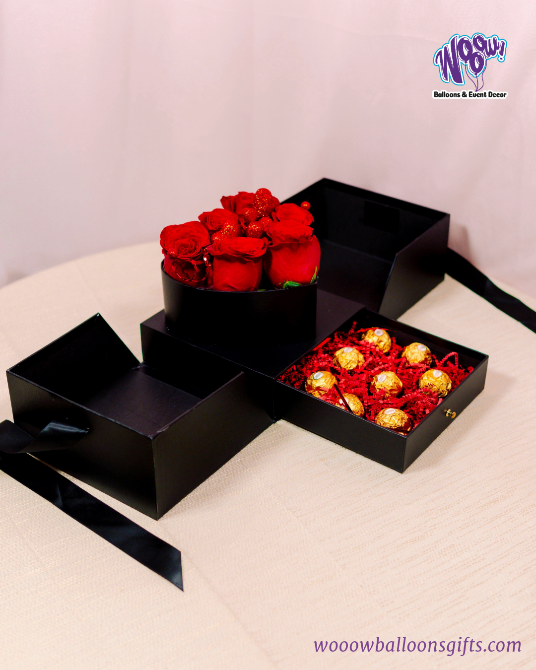 Luxury Black Heart Rose & Chocolate Gift Box with fresh red roses and Ferrero Rocher chocolates in a black box.