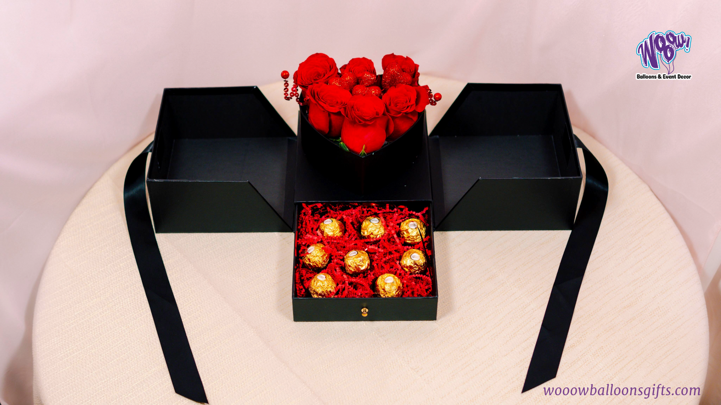 Luxury Black Heart Rose & Chocolate Gift Box with fresh red roses and Ferrero Rocher chocolates in a black box.