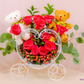 Teddy Bear Love Carriage with fresh red roses and plush teddy bears in a romantic white metal carriage.