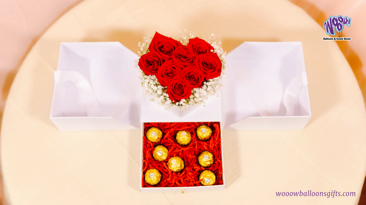 Elegant White Heart Box with fresh red roses and Ferrero Rocher chocolates in a luxurious white box.