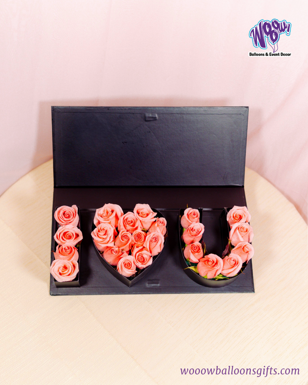 "I Love You" Rose Box with fresh pink roses arranged in a luxury black box for Valentine’s Day.