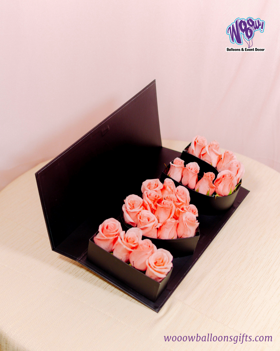 "I Love You" Rose Box with fresh pink roses arranged in a luxury black box for Valentine’s Day.