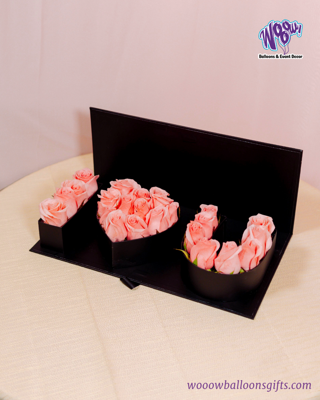 "I Love You" Rose Box with fresh pink roses arranged in a luxury black box for Valentine’s Day.