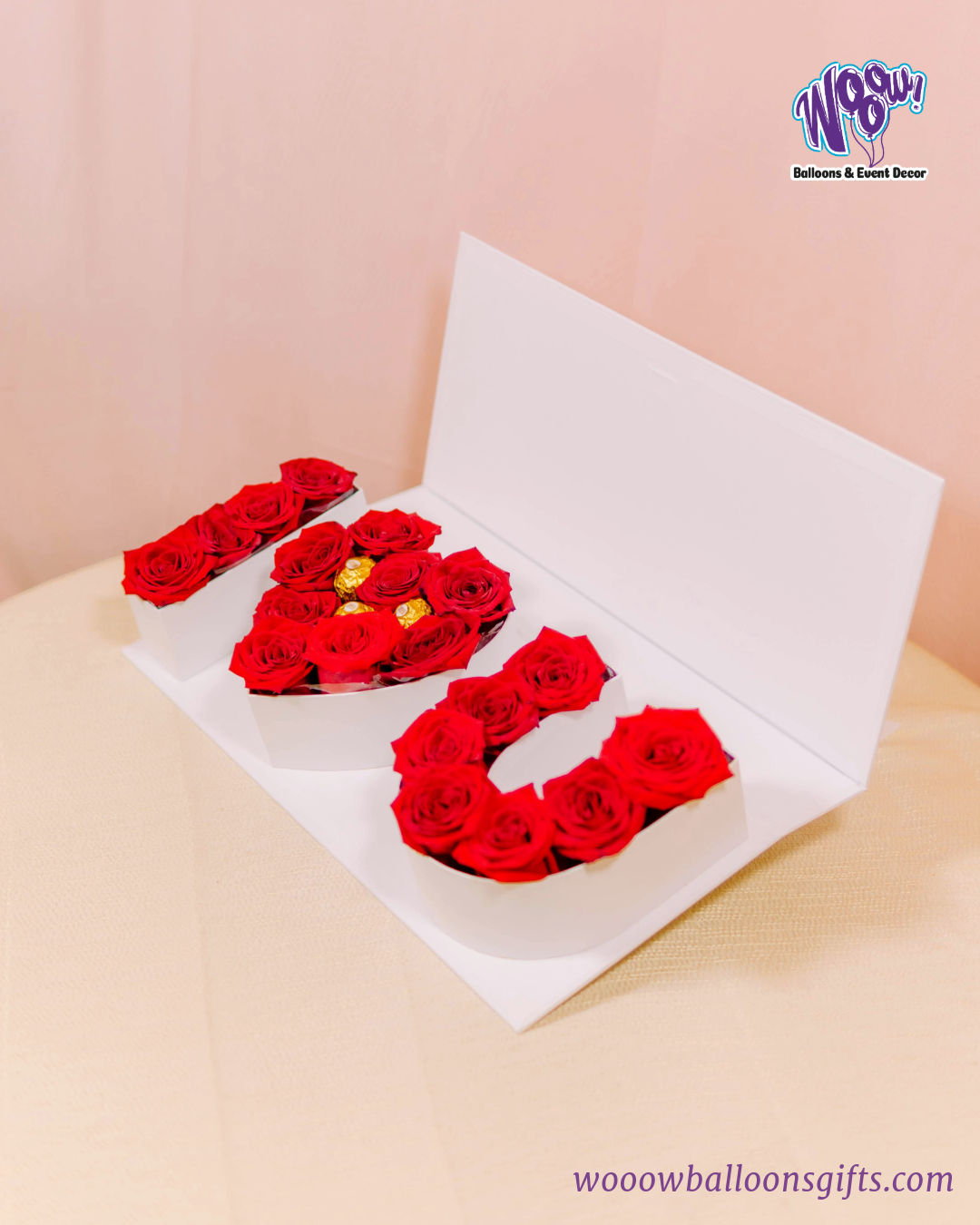 Love Letters Rose Box with fresh red roses and Ferrero Rocher chocolates in a luxury white box.