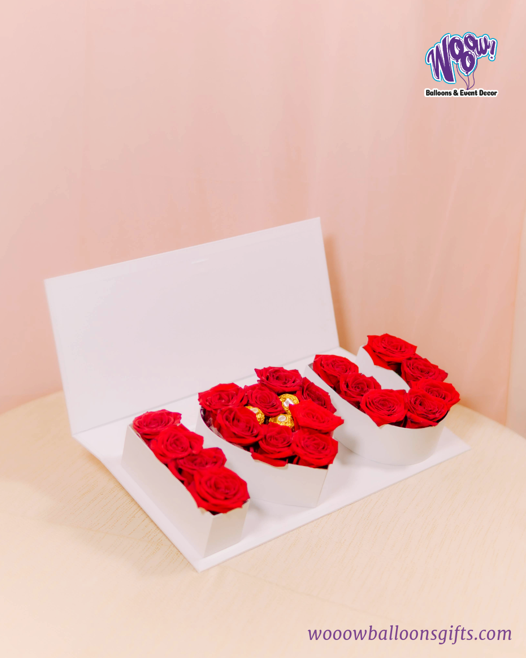 Love Letters Rose Box with fresh red roses and Ferrero Rocher chocolates in a luxury white box.