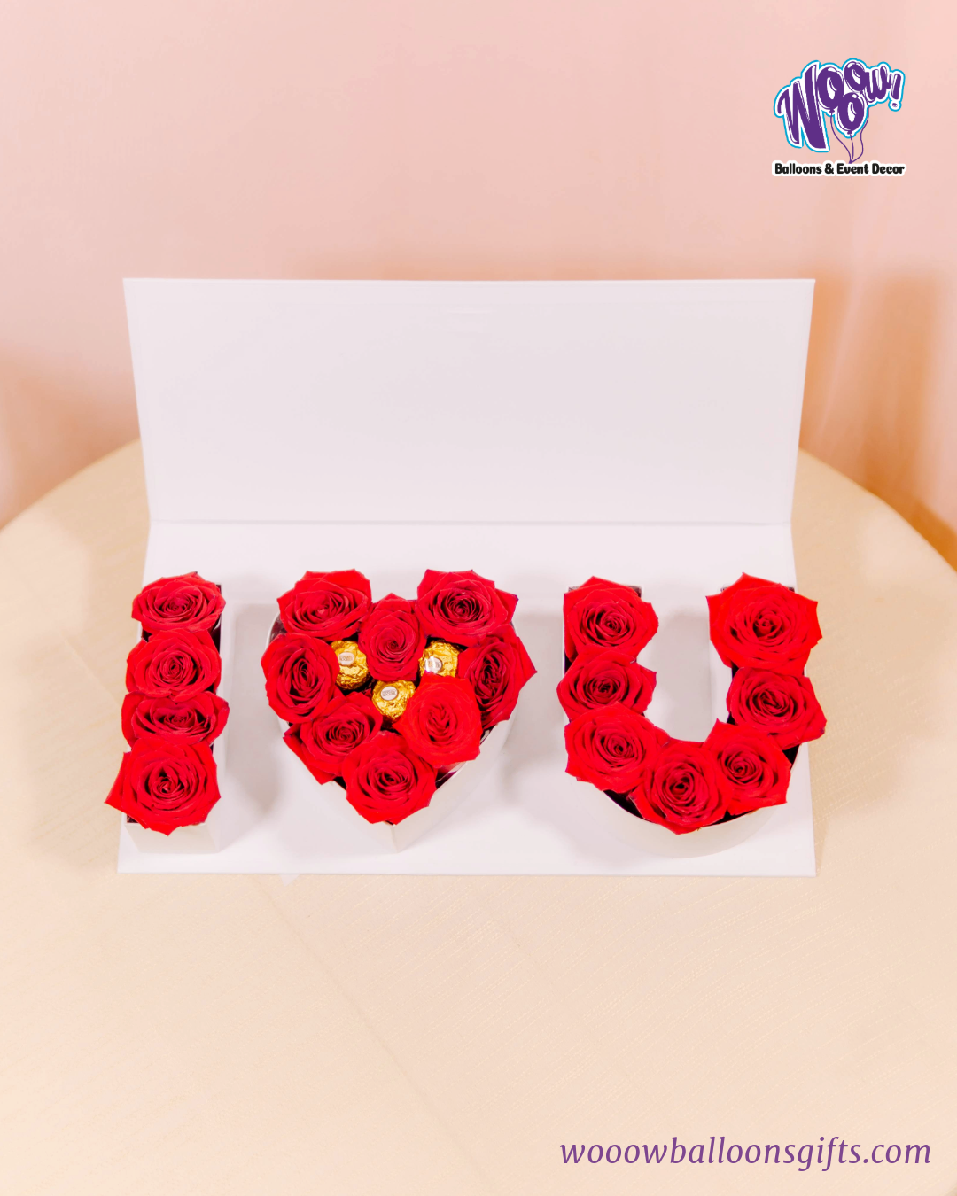 Love Letters Rose Box with fresh red roses and Ferrero Rocher chocolates in a luxury white box.