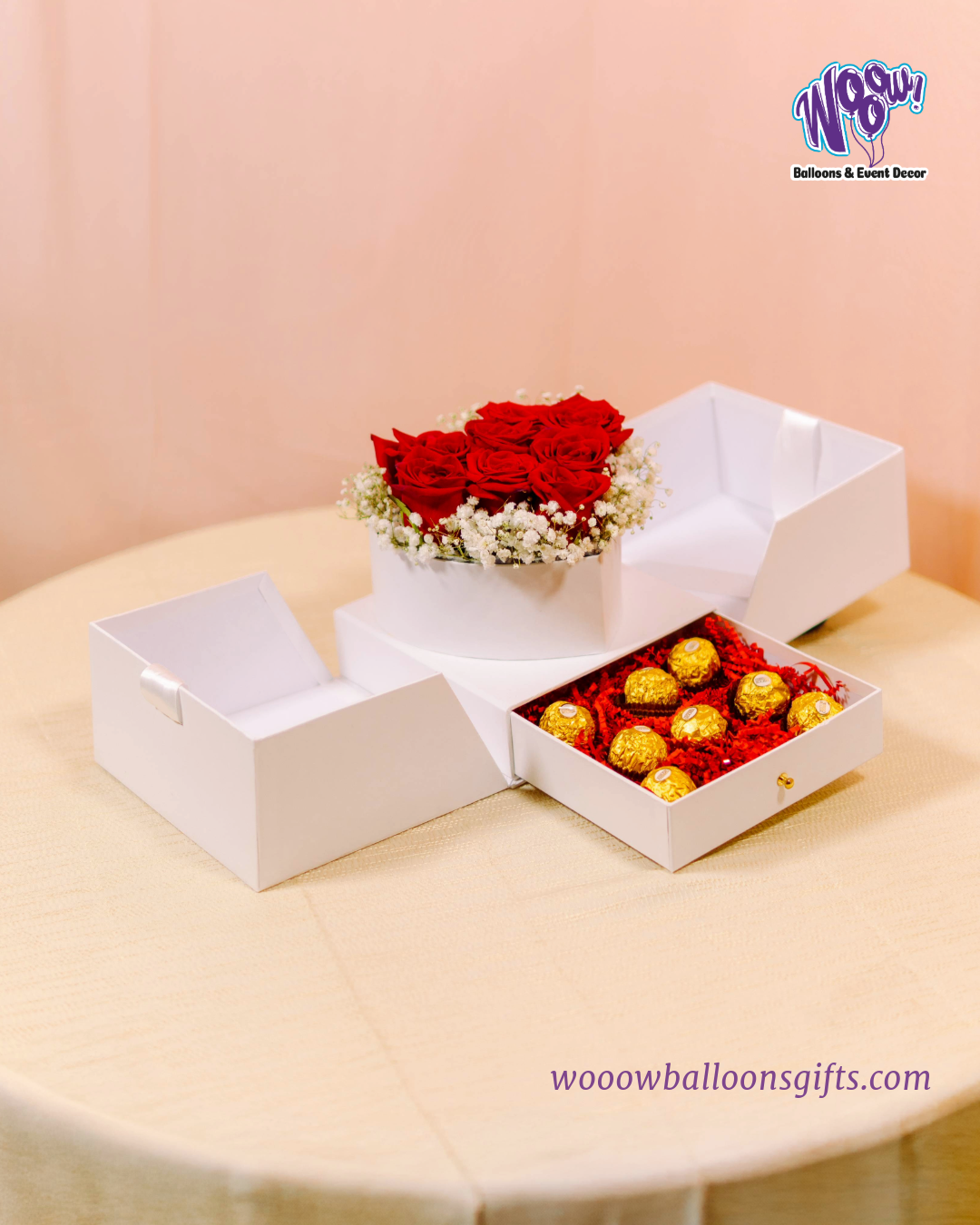 Elegant White Heart Box with fresh red roses and Ferrero Rocher chocolates in a luxurious white box.