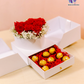 Elegant White Heart Box with fresh red roses and Ferrero Rocher chocolates in a luxurious white box.