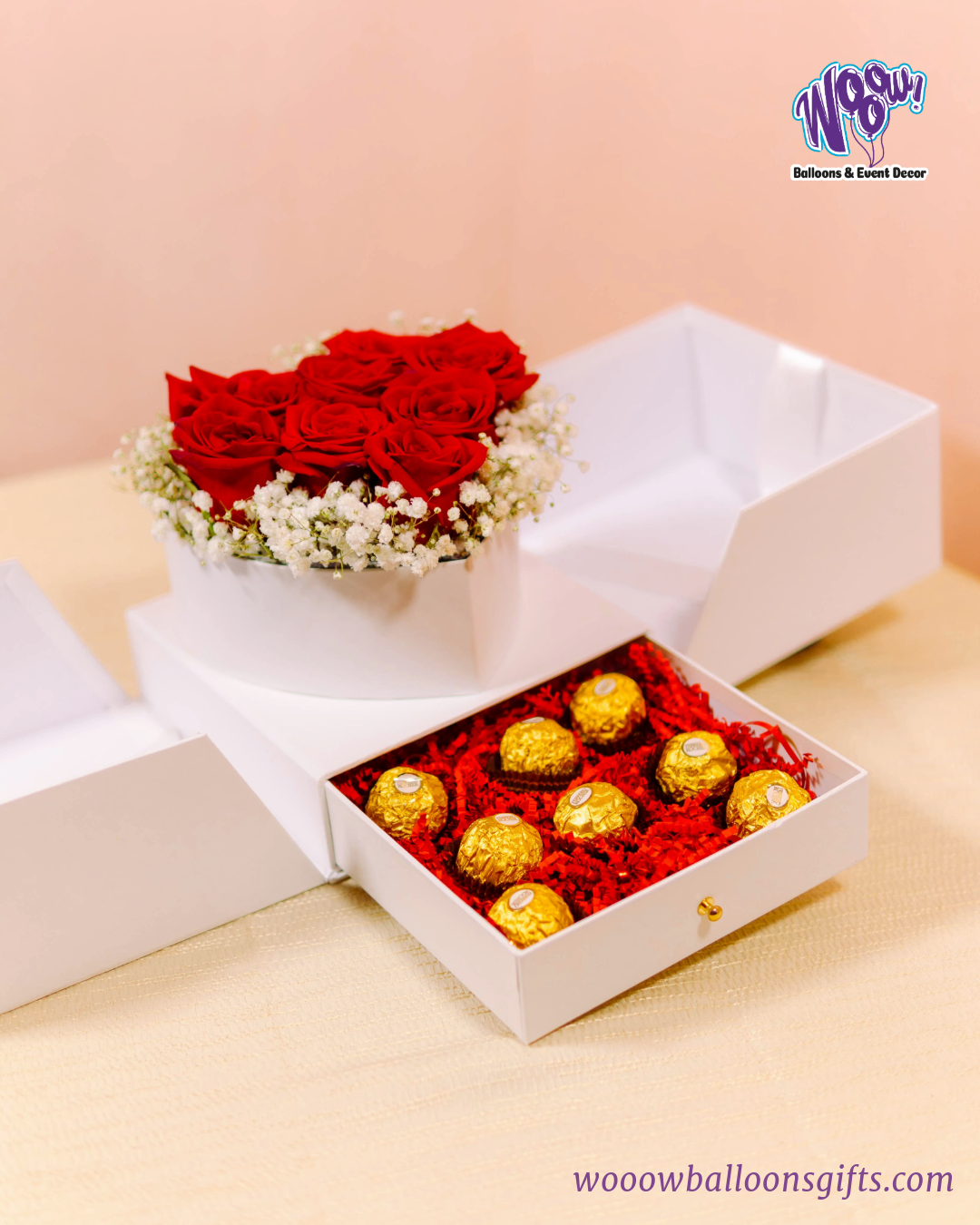 Elegant White Heart Box with fresh red roses and Ferrero Rocher chocolates in a luxurious white box.