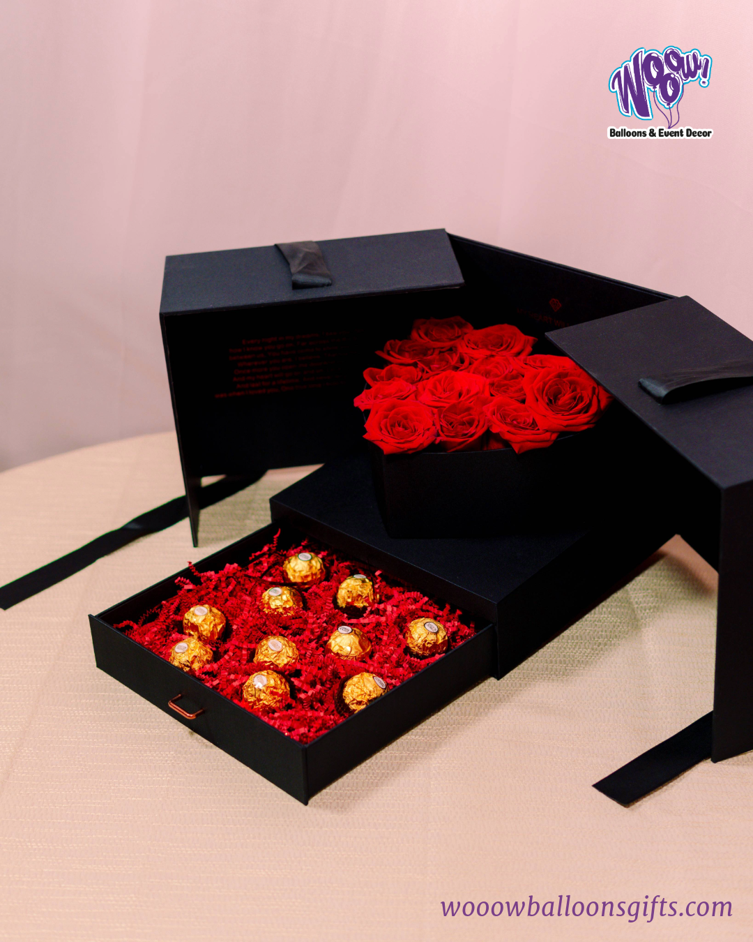 Valentine’s Day Roses & Chocolate Gift Set – fresh red roses and Ferrero Rocher chocolates in a luxury black box.