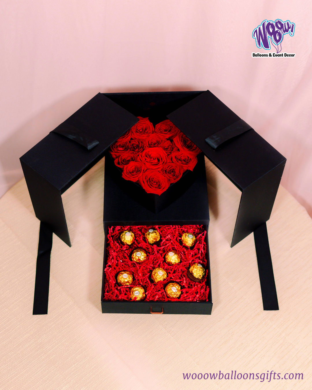 Valentine’s Day Roses & Chocolate Gift Set – fresh red roses and Ferrero Rocher chocolates in a luxury black box.