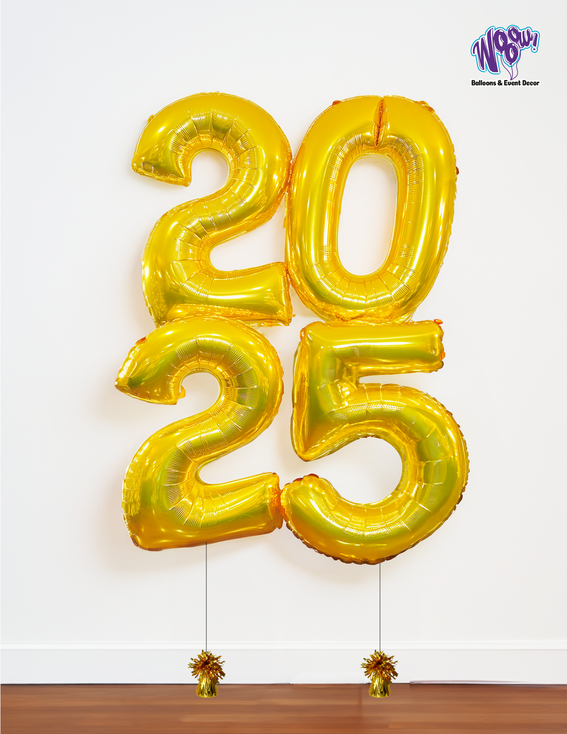 2025 Numbers Balloon Set in gold and silver, helium-filled, with weights and transportation bags.