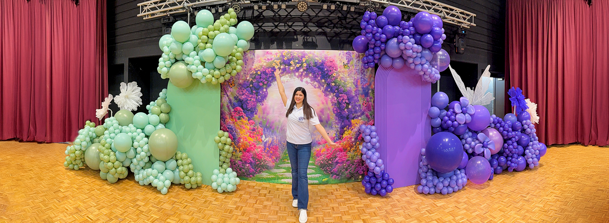 Whimsical Balloon Decoration Set-up. This full-service package includes custom backdrops, balloon garlands, giant flower decorations.
