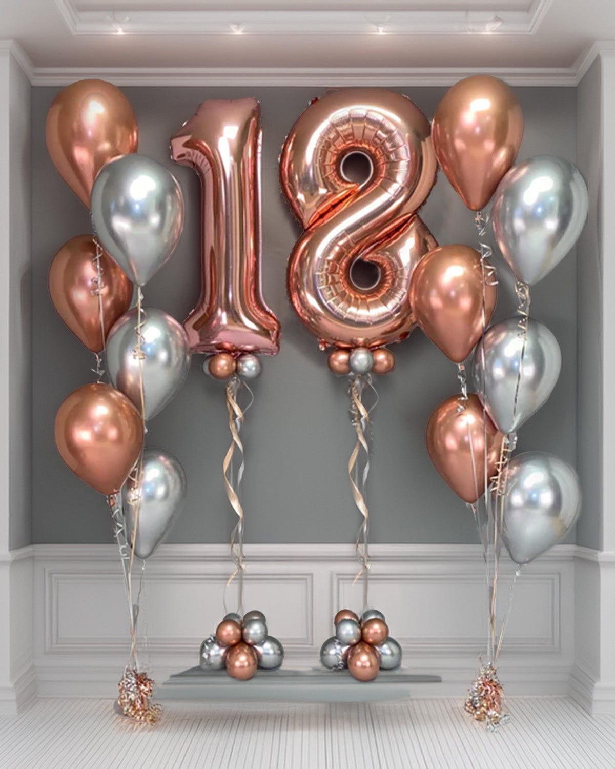 Wooow Birthday Package with helium balloon numbers and bouquets in rose gold and silver — Toronto balloon decor