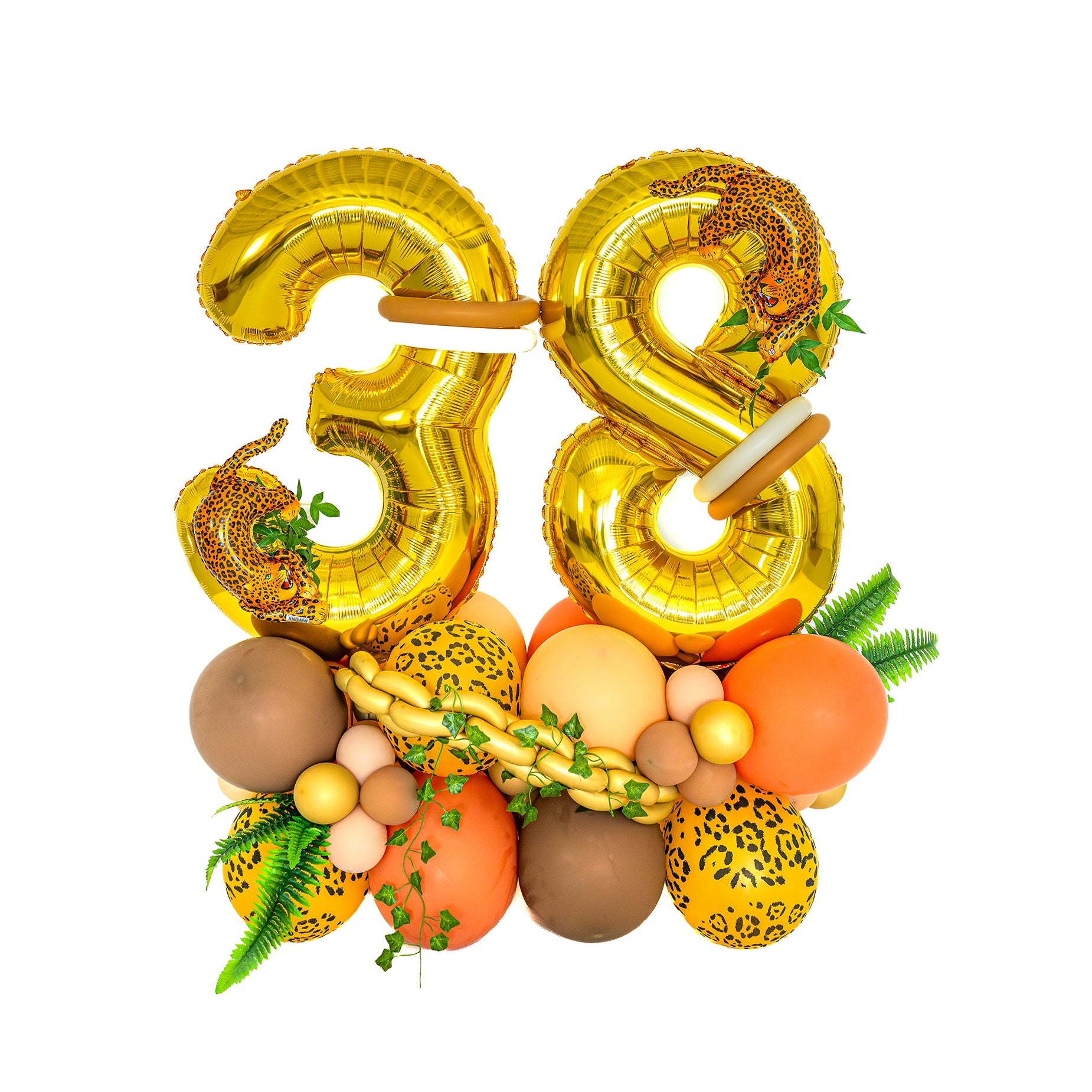 Adult Birthday Balloons Toronto with gold number 38, jaguars and tropical greenery by Wooow Balloons