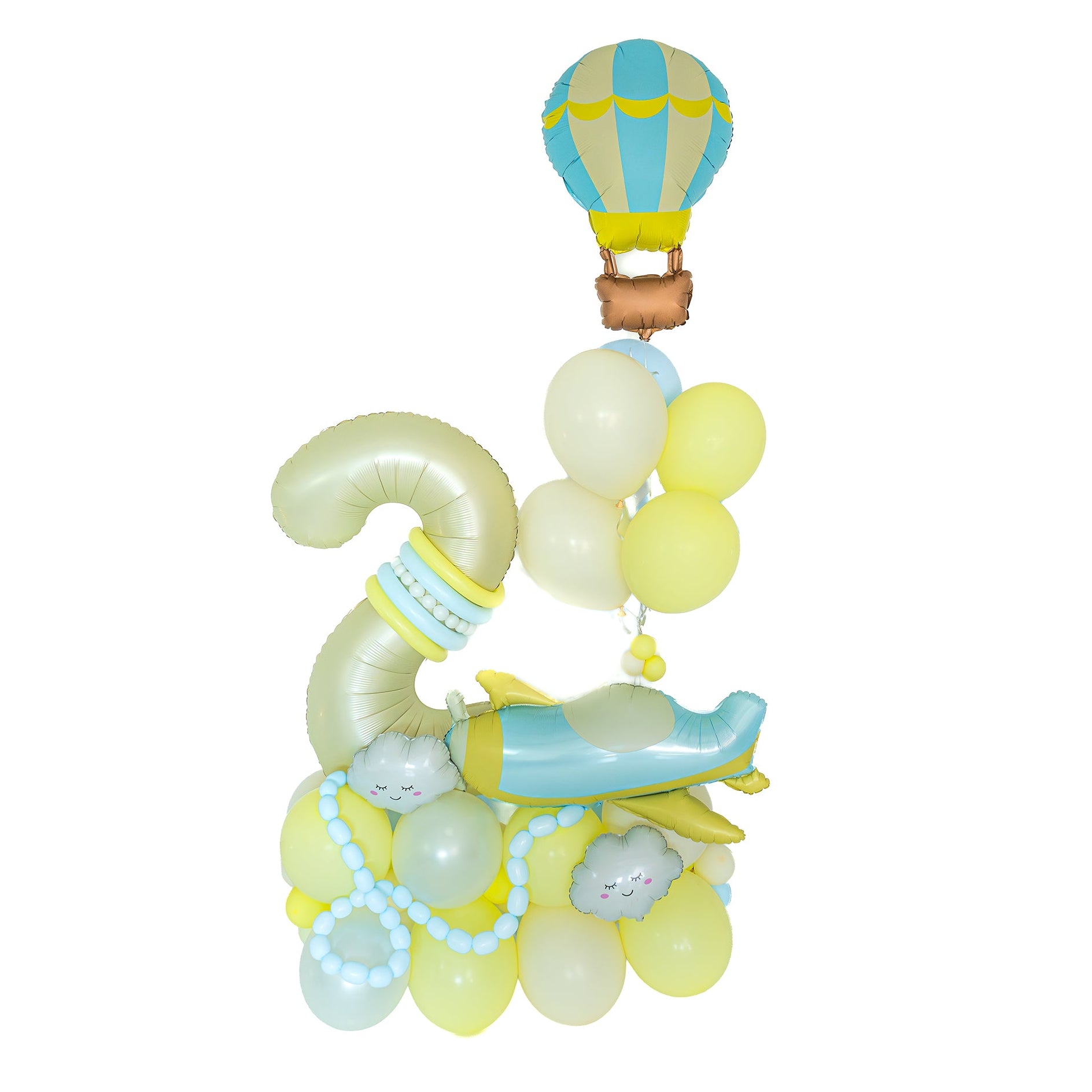 Airplane Birthday Balloons Toronto with number two, hot-air balloon and cloud arrangement by Wooow Balloons