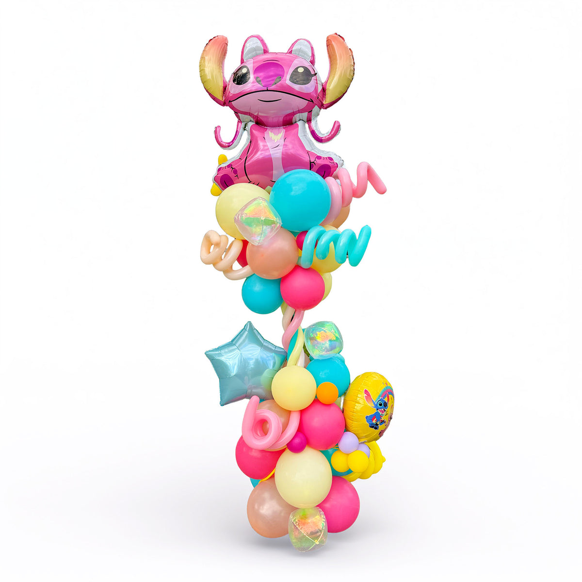 Angel balloon column with a pink character topper, pastel balloon clusters and turquoise star accents