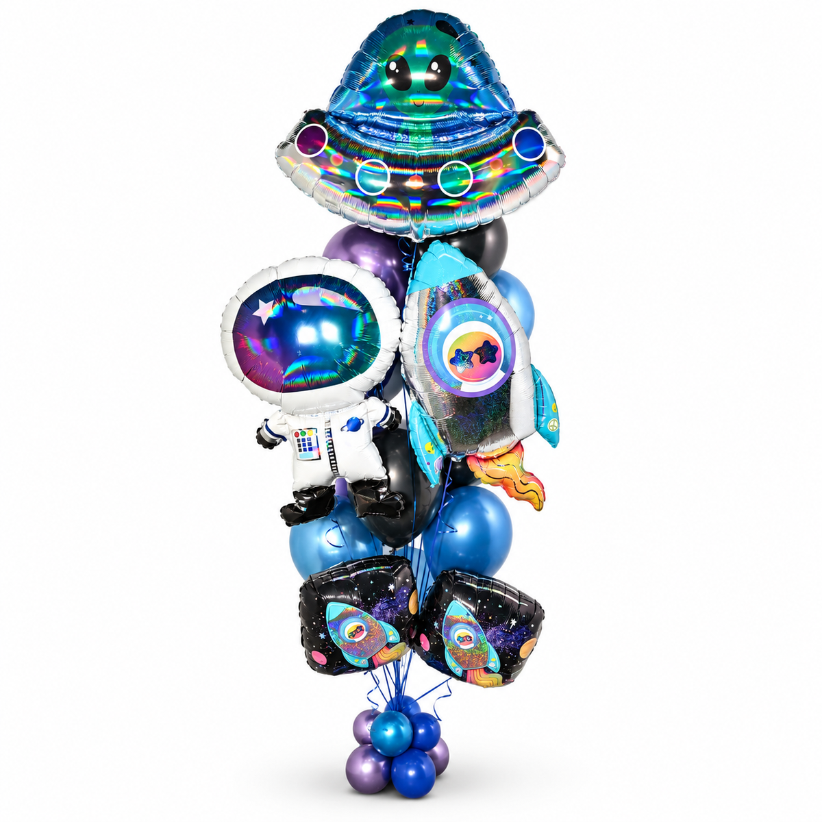 Space-themed balloon bouquet featuring an astronaut, holographic UFO, rocket and blue and purple balloons